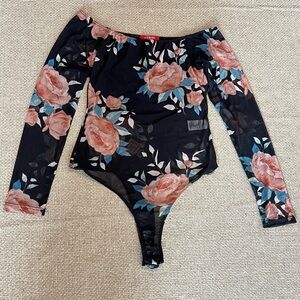 Guess Vintage Floral Mesh Off the Shoulder Thong Bodysuit Black Sexy Retro M